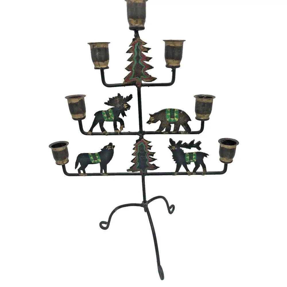 Vtg Handpainted Rustic Cabin Folk Art‎ 7 Taper Candelabra Wildlife Animals